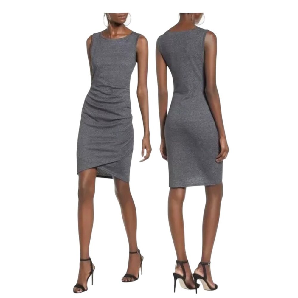 Leith Ruched Bodycon Midi‎ Dress Sleeveless Tank Fit Boat Neck Heather Gray W S